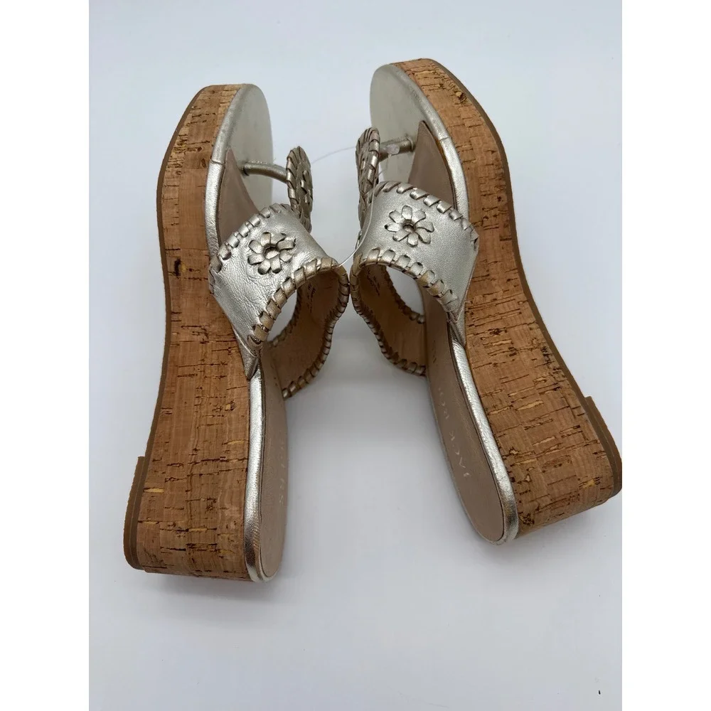 Jack Rogers Jacks Mid Wedge Sandals Platinum Gold Metallic Cork Heel Womens 7M